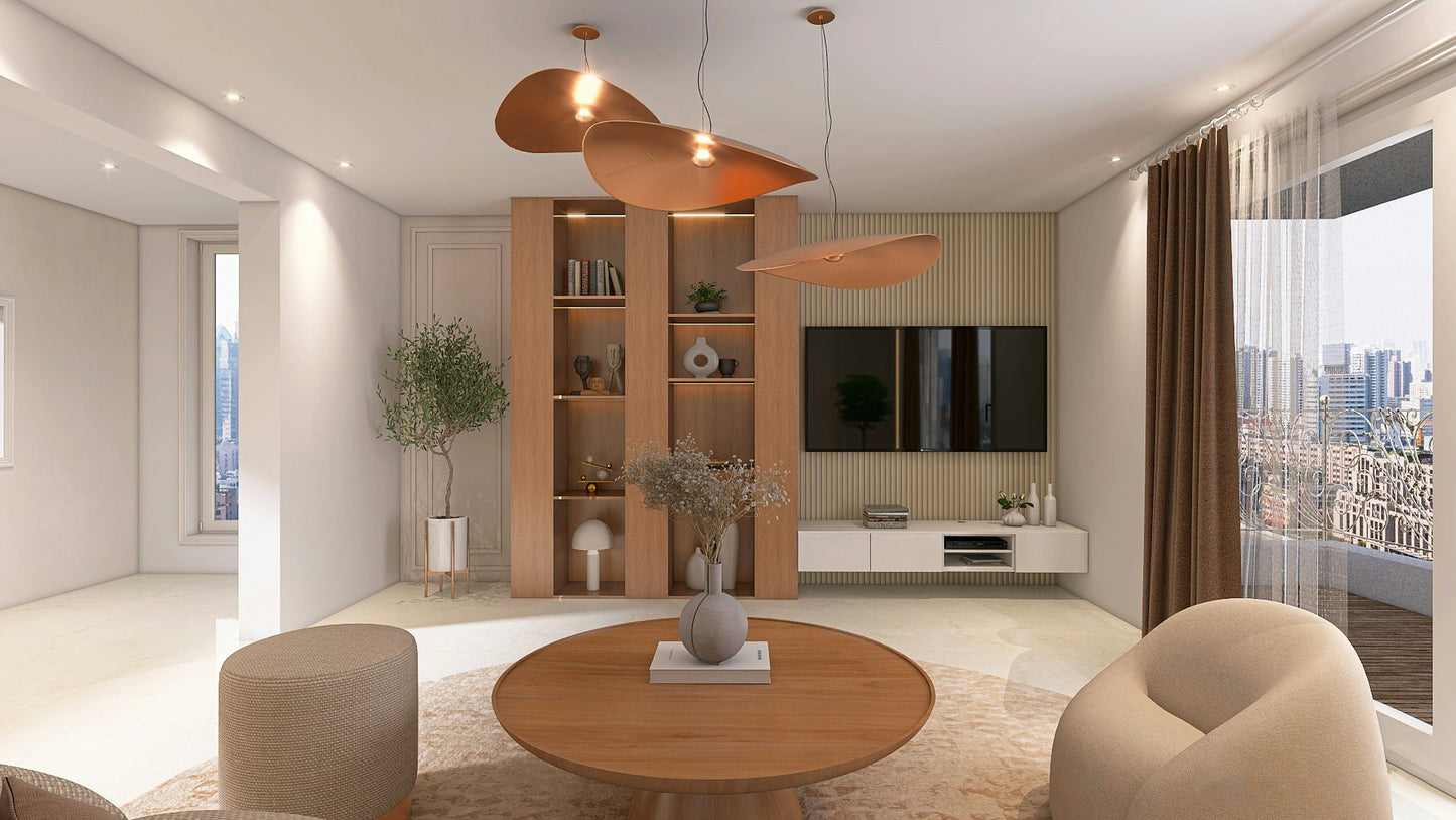 A modern living space with a mix of warm and cool lighting, creating a balanced and inviting atmosphere.