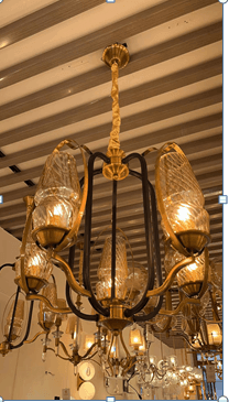 Rustic Regency chandelier from Lumeil in glass and metal for farmhouse interiors