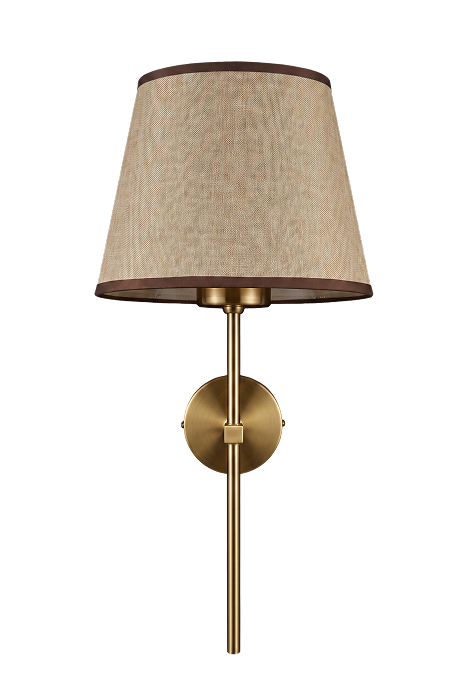 The Reed tall brass rod wall light with scalloped shade