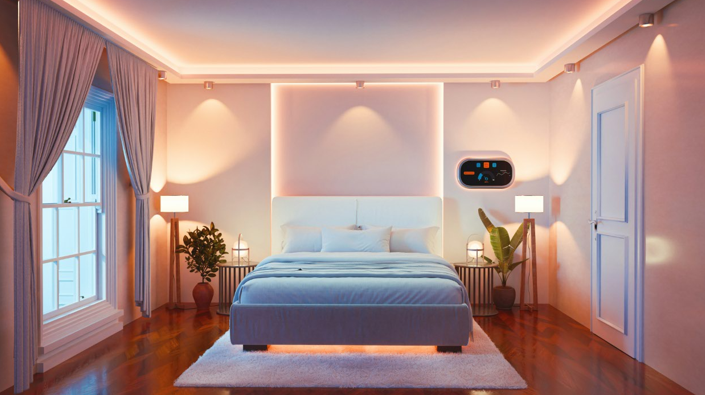 A well-lit bedroom with layered lighting creating a cozy atmosphere.