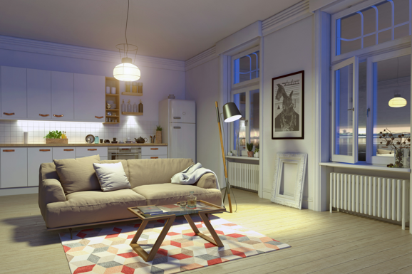 A cozy and well-lit rental apartment to create a warm and inviting ambiance.