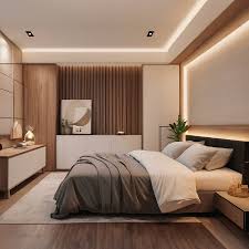 A modern small bedroom with layered lighting for a cozy and well-lit ambiance.