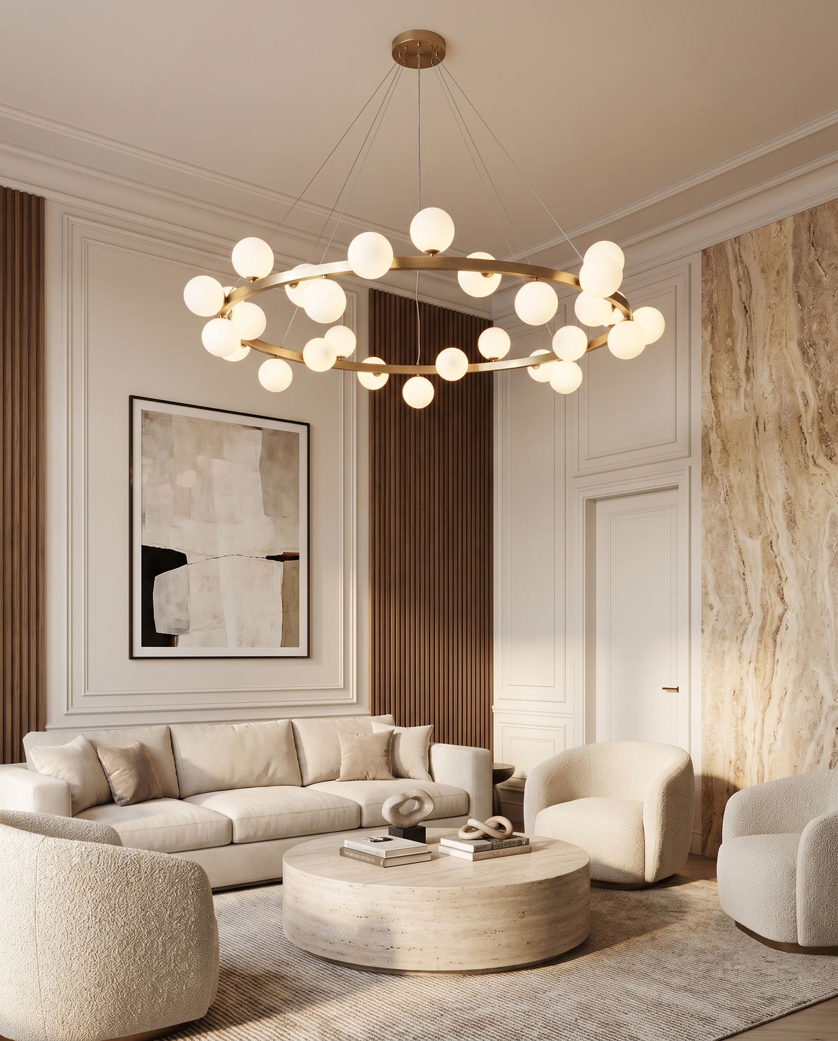 Astral Orbit Brass and White Glass Chandelier in the room