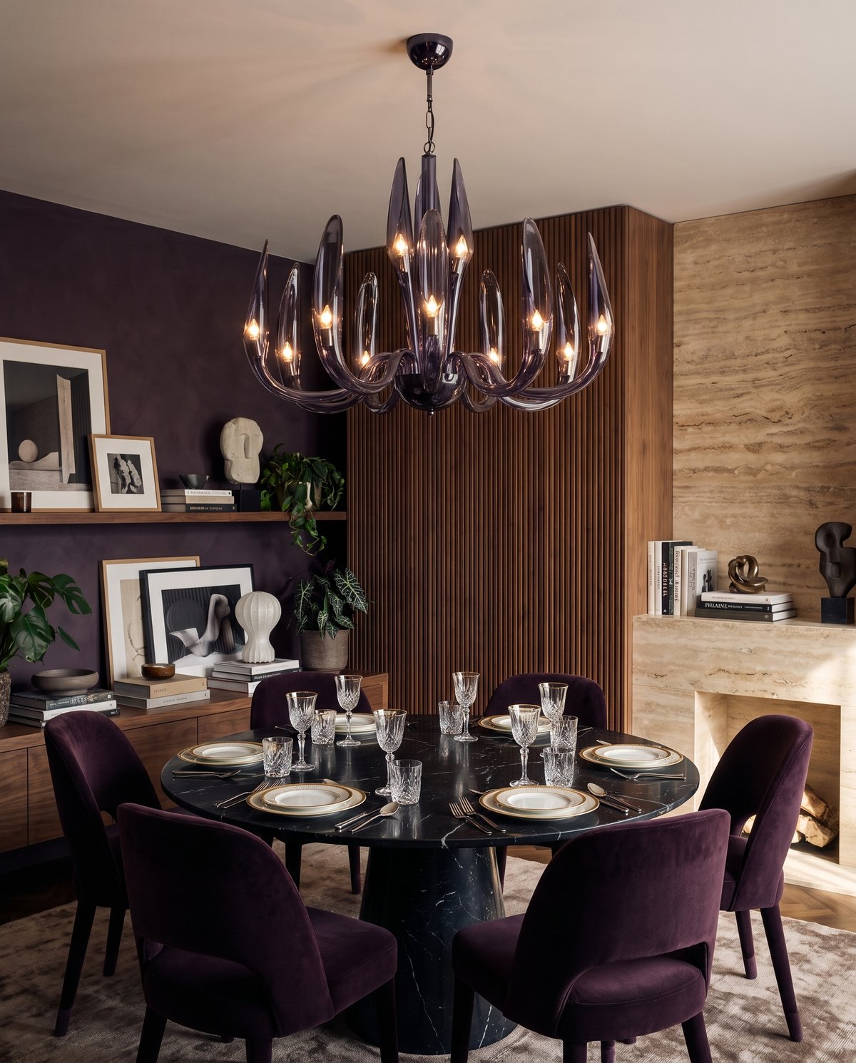 Petal Glow Elegant Purple Chandelier in the room