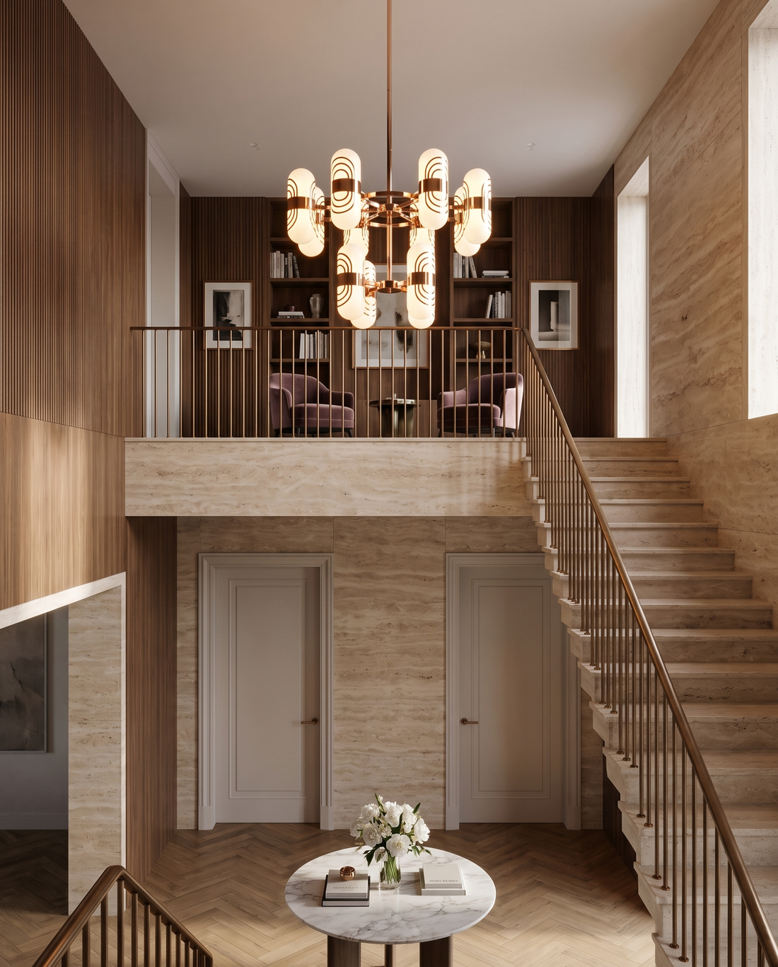 Golden Cascade – metal double-height chandelier, view 2