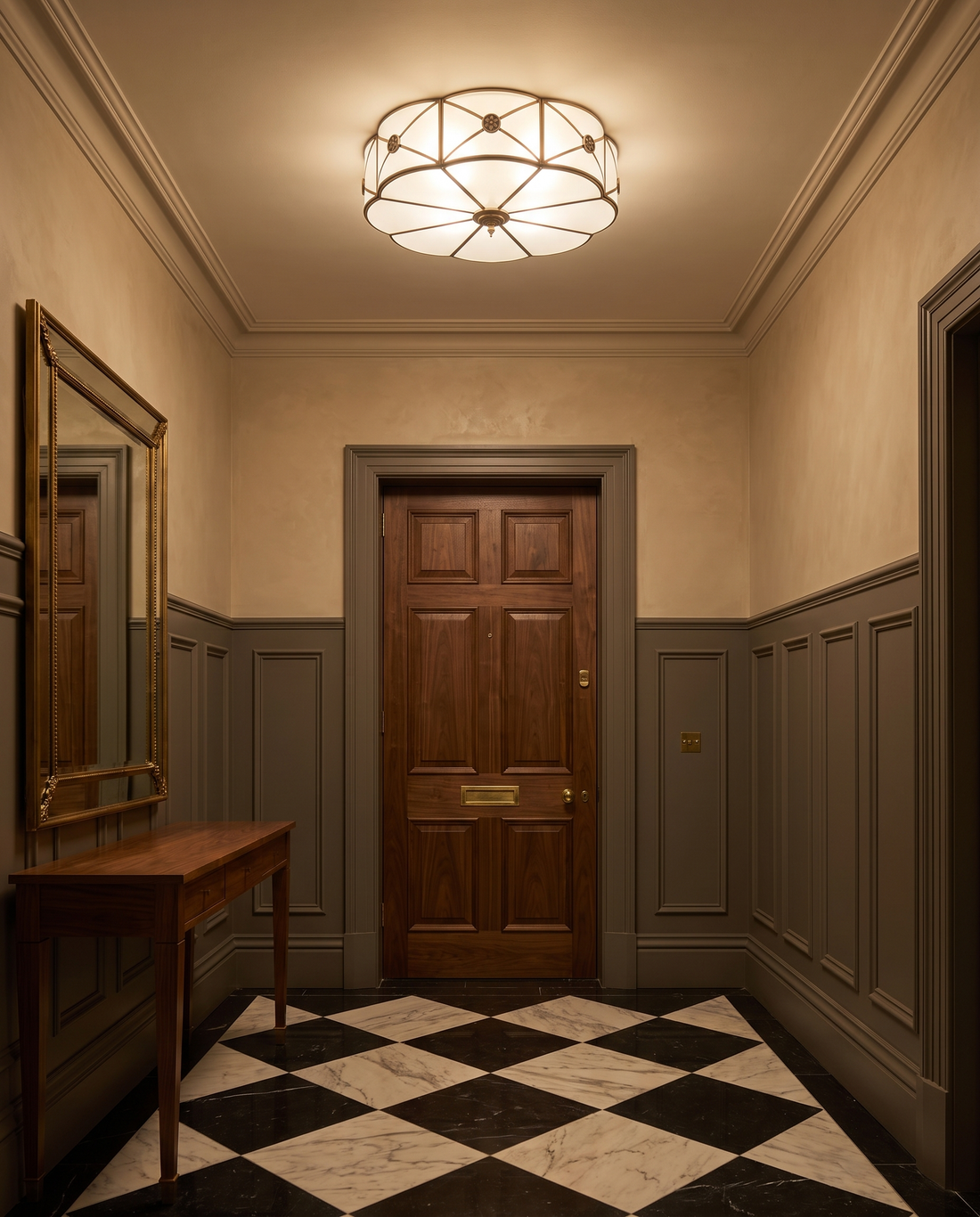 The Rosette flush ceiling light lit in a hallway