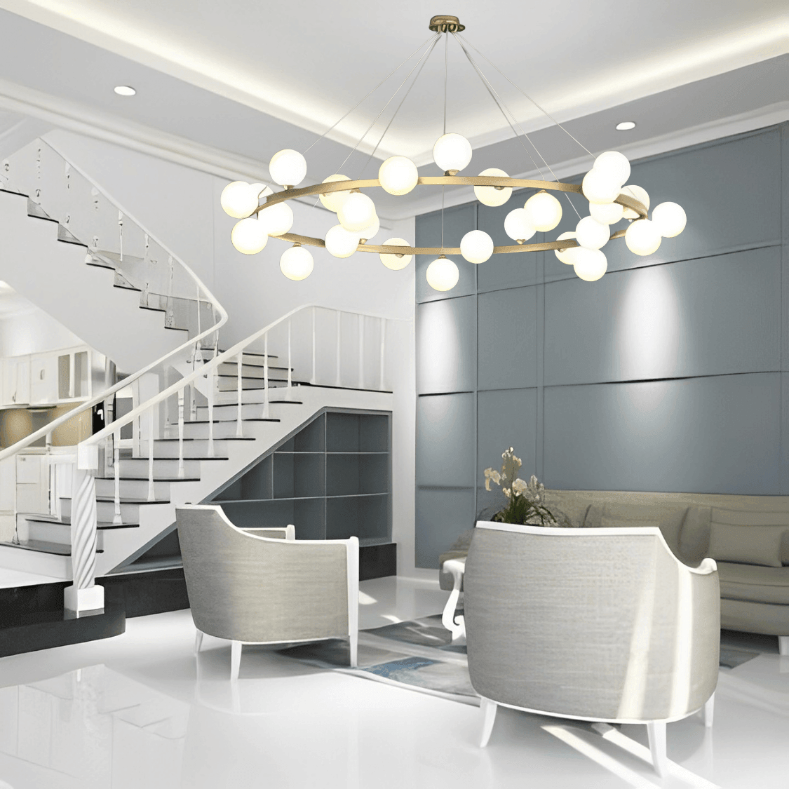 Astral Orbit Brass and White Glass Chandelier