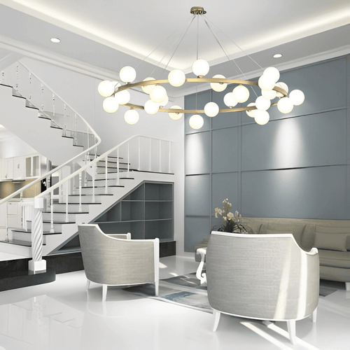 Astral Orbit Brass and White Glass Chandelier
