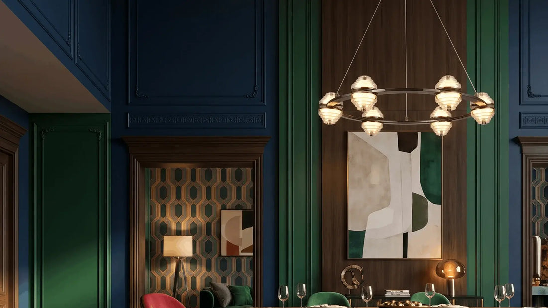 The Carillon LED chandelier lit in a room setting