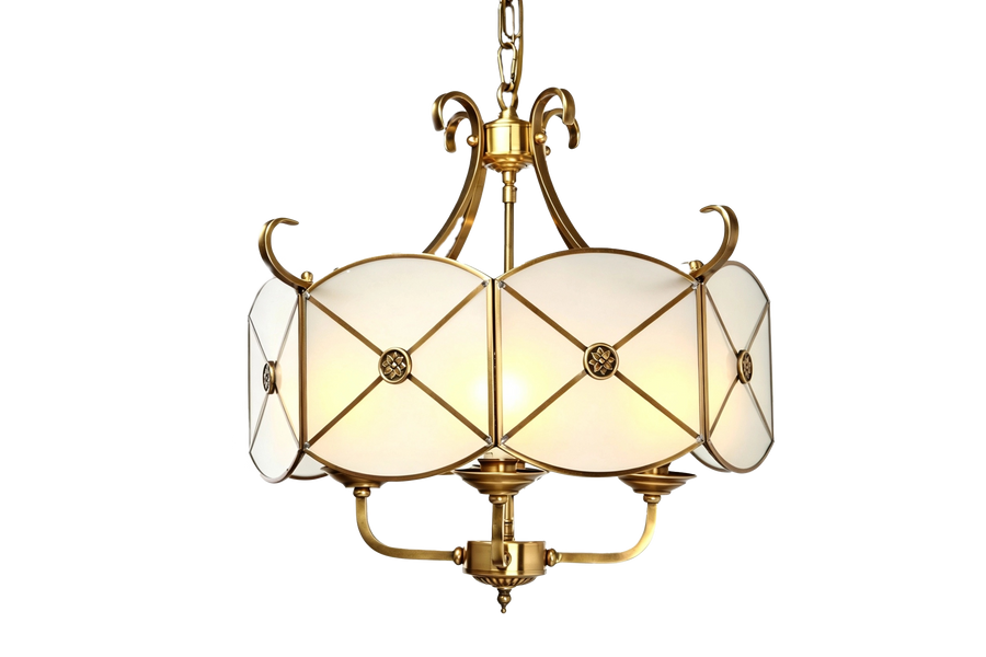 The Pavilion frosted glass drum pendant with brass scroll arms