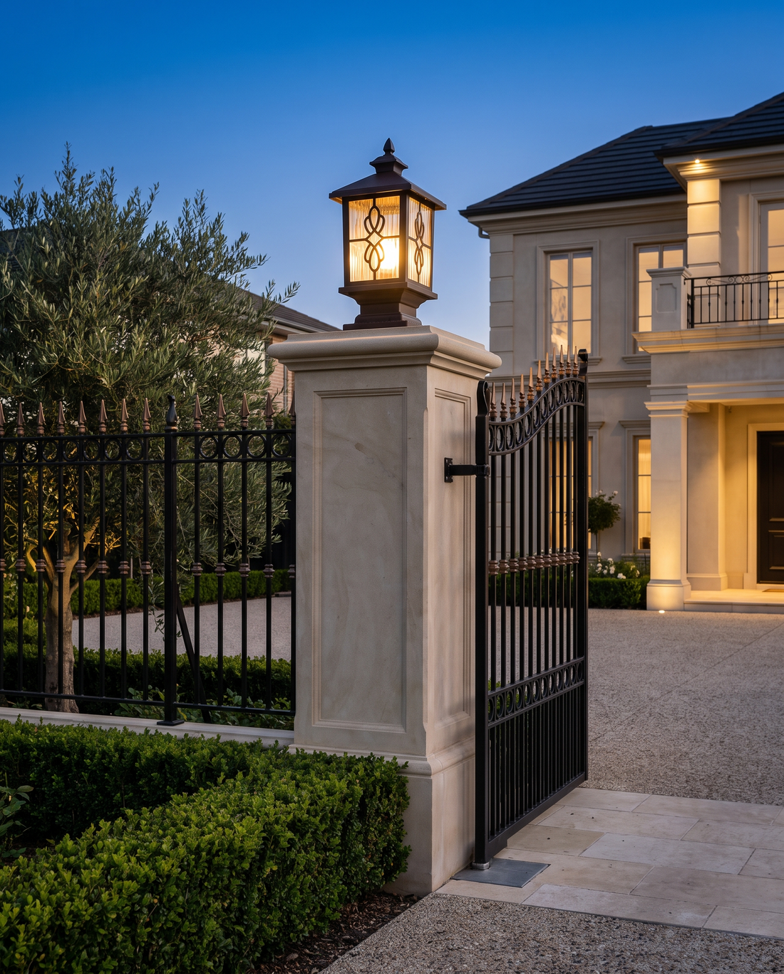 The Watchtower gate light on a pillar outdoors