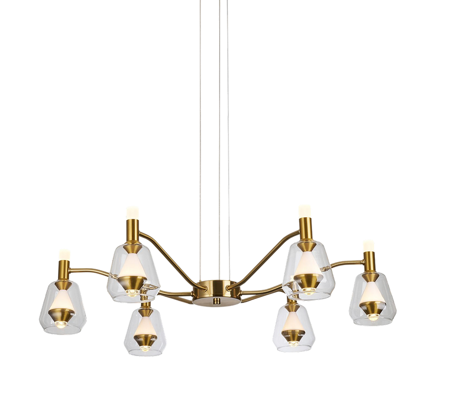 The Minuet wavy arm bronze LED chandelier with clear glass shades