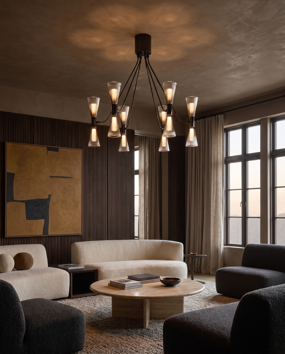 The Hourglass LED chandelier in a room setting