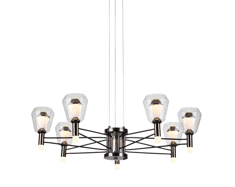 The Spoke black spoke LED chandelier with clear glass bells