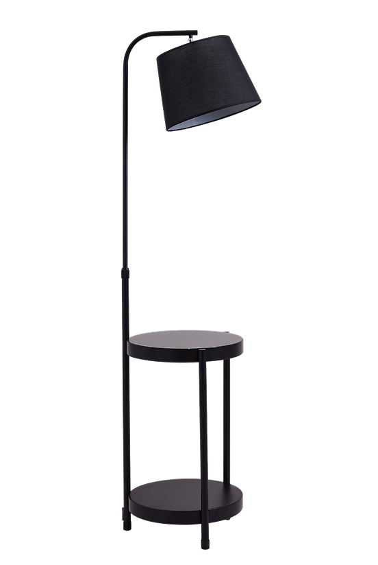 The Crook hooked arm black floor lamp with two tier table
