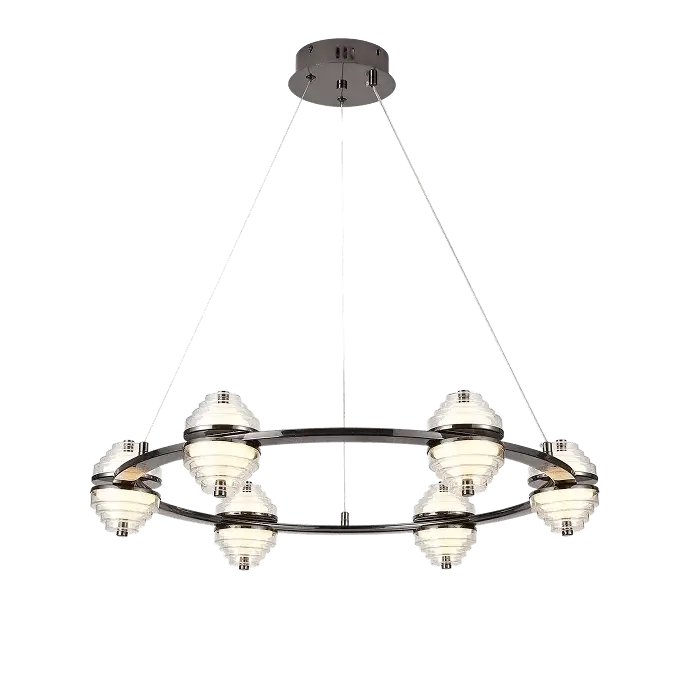 The Carillon pearl black ring LED chandelier with milky white glass pods
