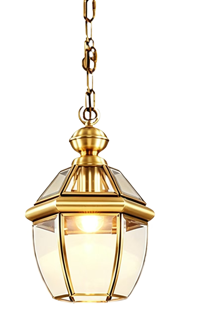 The Gatehouse hexagonal brass and clear glass hanging lantern