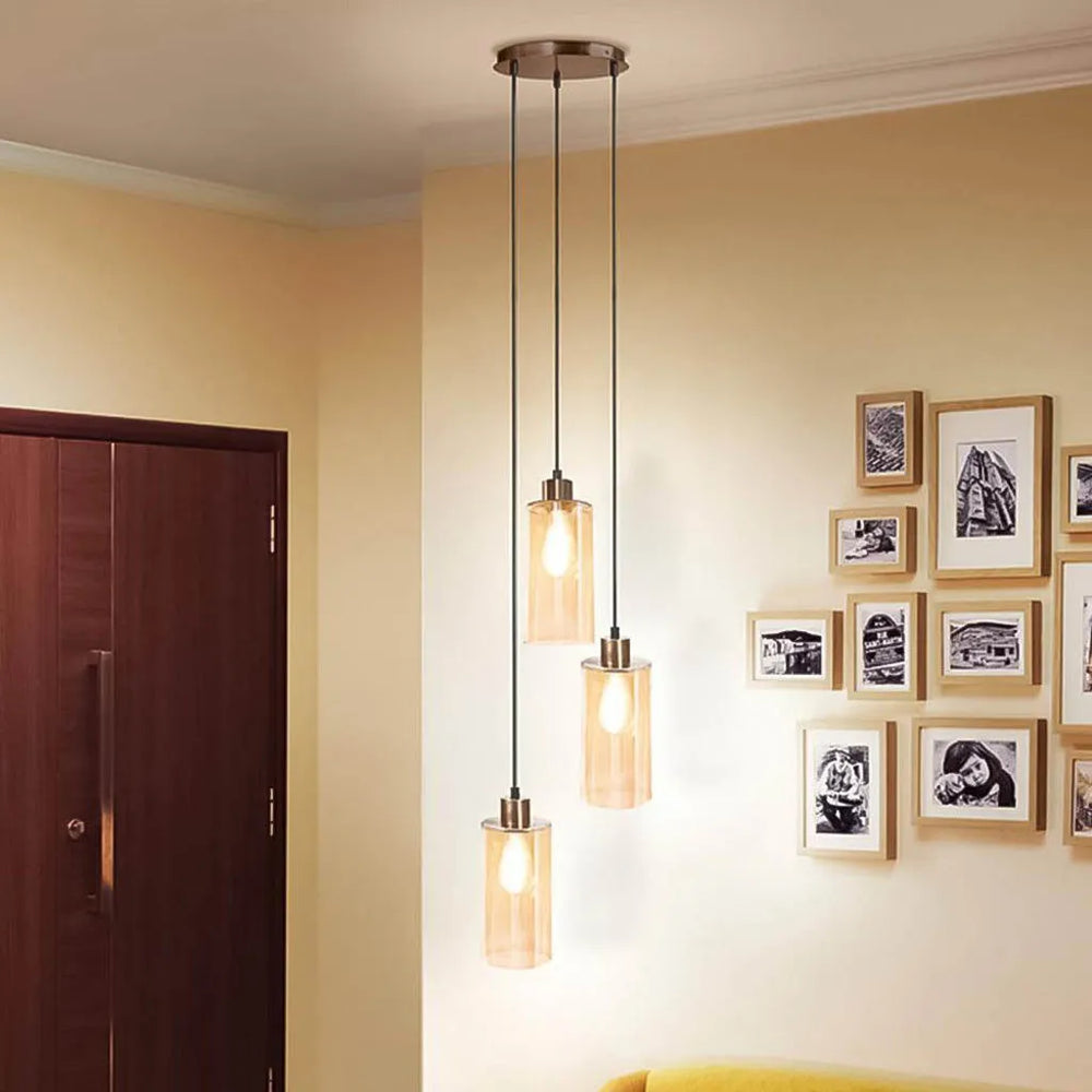 Muziris 3 head gold cylinrical pendant light (31432)